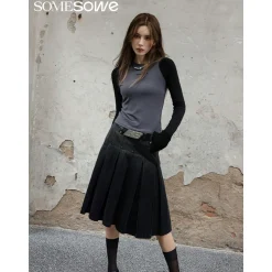 SomeSowe Gradient Pleated Denim Skirt Washed Black