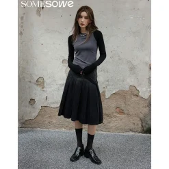 SomeSowe Gradient Pleated Denim Skirt Washed Black