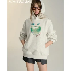 SomeSowe Green Apple Printed Hoodie Light Gray