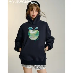 SomeSowe Green Apple Printed Hoodie Navy Blue