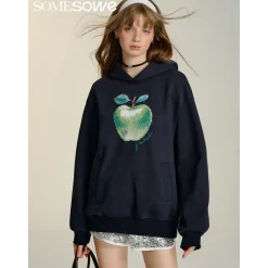 SomeSowe Green Apple Printed Hoodie Navy Blue