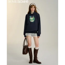 SomeSowe Green Apple Printed Hoodie Navy Blue