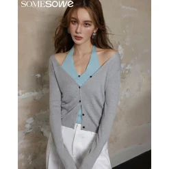SomeSowe Hollow-Out Fake-2-Piece Knit Slim Top Grey