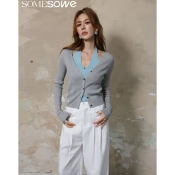 SomeSowe Hollow-Out Fake-2-Piece Knit Slim Top Grey