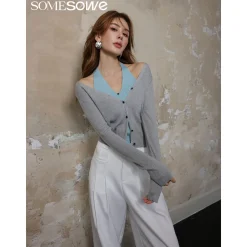 SomeSowe Hollow-Out Fake-2-Piece Knit Slim Top Grey