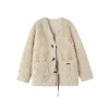 SomeSowe Horn Button Furry Long Jacket Beige