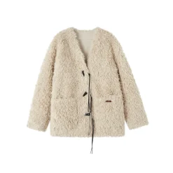SomeSowe Horn Button Furry Long Jacket Beige