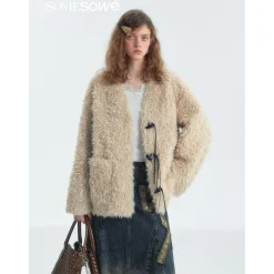SomeSowe Horn Button Furry Long Jacket Beige