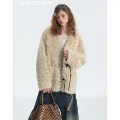 SomeSowe Horn Button Furry Long Jacket Beige