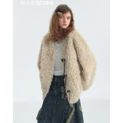 SomeSowe Horn Button Furry Long Jacket Beige