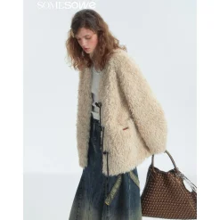 SomeSowe Horn Button Furry Long Jacket Beige