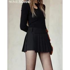 SomeSowe Irregular Cutting Pleated Skirt Shorts Black