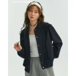 SomeSowe Lace Edge Casual Baseball Jacket Navy Blue