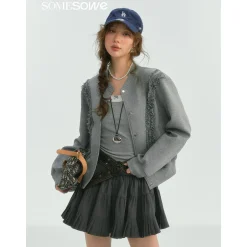 SomeSowe Lace Edge Casual Baseball Jacket Gray