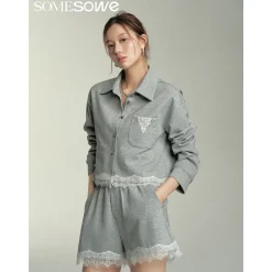 SomeSowe Lace Edge Casual Top Jacket Grey