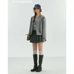SomeSowe Lace Edge Casual Baseball Jacket Gray