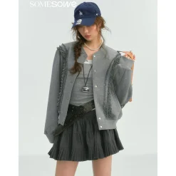 SomeSowe Lace Edge Casual Baseball Jacket Gray