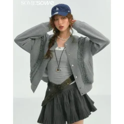 SomeSowe Lace Edge Casual Baseball Jacket Gray