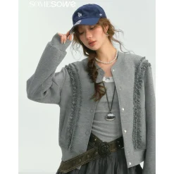 SomeSowe Lace Edge Casual Baseball Jacket Gray