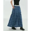 SomeSowe Lace Edge Plaid Drawstring Long Skirt Blue