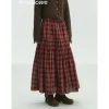 SomeSowe Lace Edge Plaid Drawstring Long Skirt Red