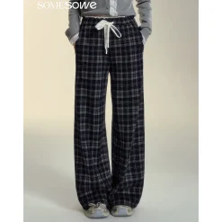 SomeSowe Lace Edge Plaid Casual Pants Black