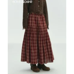 SomeSowe Lace Edge Plaid Drawstring Long Skirt Red