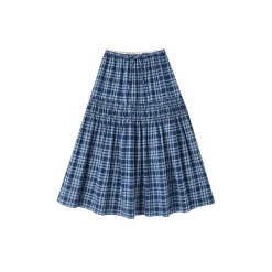 SomeSowe Lace Edge Plaid Drawstring Long Skirt Blue