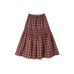 SomeSowe Lace Edge Plaid Drawstring Long Skirt Red