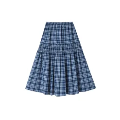 SomeSowe Lace Edge Plaid Drawstring Long Skirt Blue