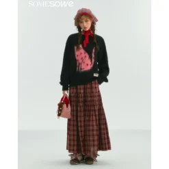 SomeSowe Lace Edge Plaid Drawstring Long Skirt Red