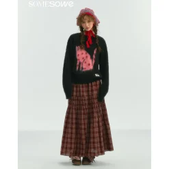 SomeSowe Lace Edge Plaid Drawstring Long Skirt Red