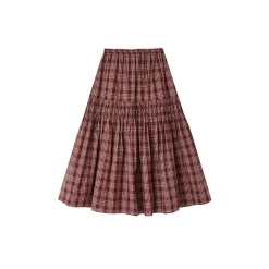 SomeSowe Lace Edge Plaid Drawstring Long Skirt Red