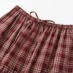 SomeSowe Lace Edge Plaid Drawstring Long Skirt Red