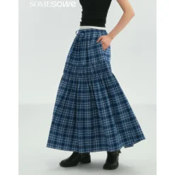 SomeSowe Lace Edge Plaid Drawstring Long Skirt Blue