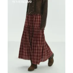 SomeSowe Lace Edge Plaid Drawstring Long Skirt Red