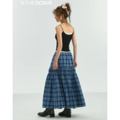 SomeSowe Lace Edge Plaid Drawstring Long Skirt Blue