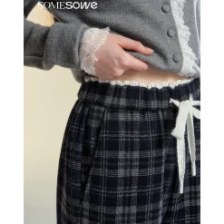 SomeSowe Lace Edge Plaid Casual Pants Black