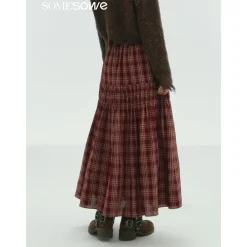 SomeSowe Lace Edge Plaid Drawstring Long Skirt Red