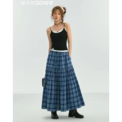 SomeSowe Lace Edge Plaid Drawstring Long Skirt Blue