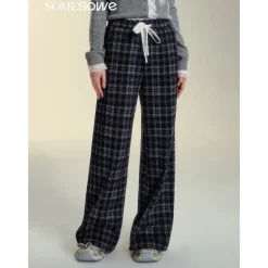 SomeSowe Lace Edge Plaid Casual Pants Black