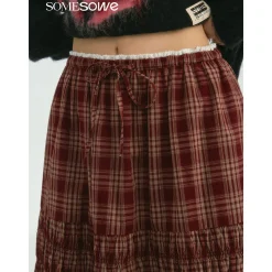 SomeSowe Lace Edge Plaid Drawstring Long Skirt Red