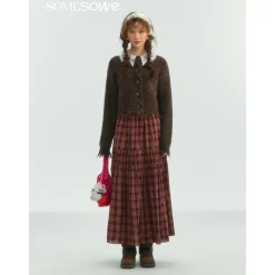 SomeSowe Lace Edge Plaid Drawstring Long Skirt Red