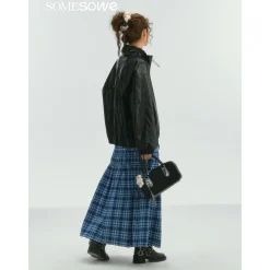 SomeSowe Lace Edge Plaid Drawstring Long Skirt Blue