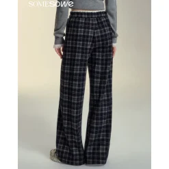 SomeSowe Lace Edge Plaid Casual Pants Black