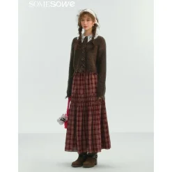 SomeSowe Lace Edge Plaid Drawstring Long Skirt Red