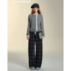 SomeSowe Lace Edge Plaid Casual Pants Black