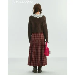 SomeSowe Lace Edge Plaid Drawstring Long Skirt Red