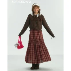 SomeSowe Lace Edge Plaid Drawstring Long Skirt Red