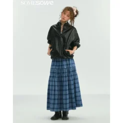SomeSowe Lace Edge Plaid Drawstring Long Skirt Blue
